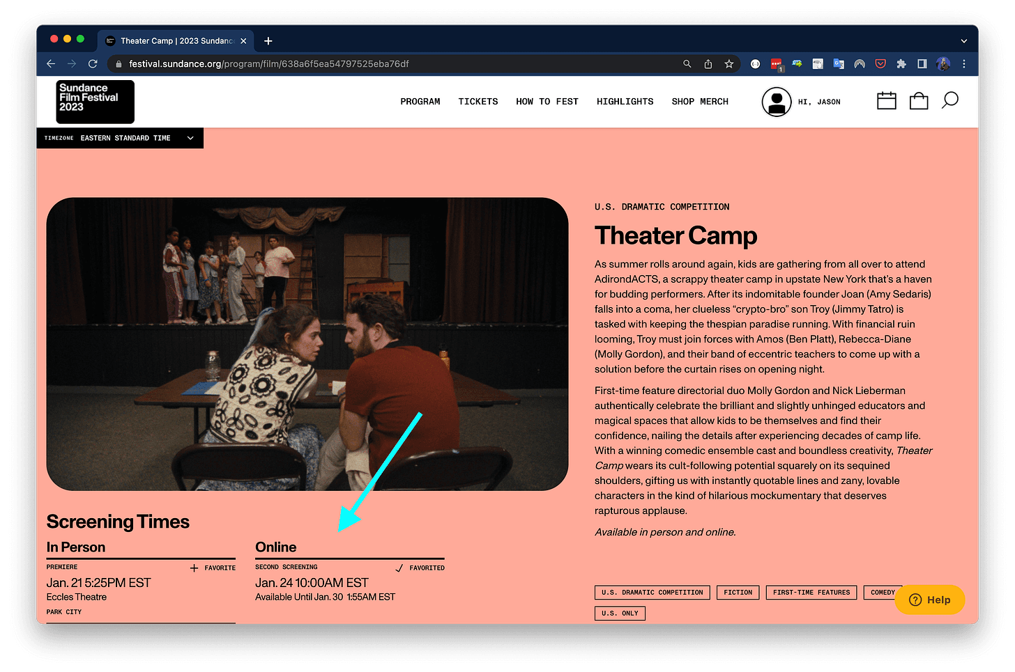 Sundance film listing showing in-person and online screening options