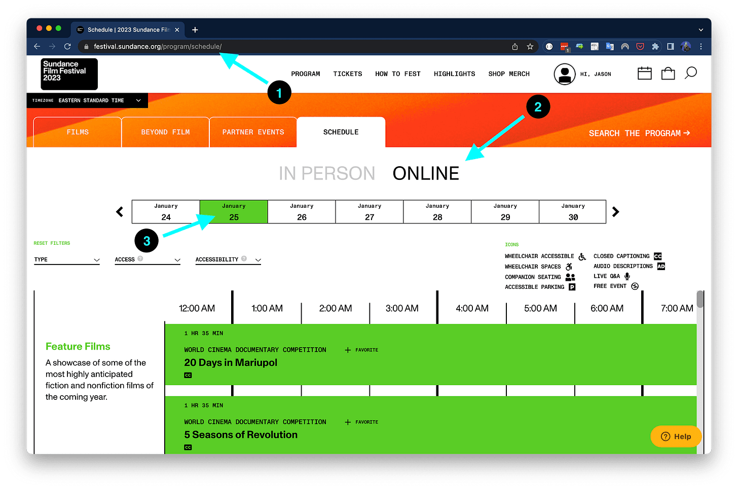 Sundance online schedule tab showing virtual screenings